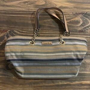 Calvin Klein purse stripped fabric leather details inside zipper pocket